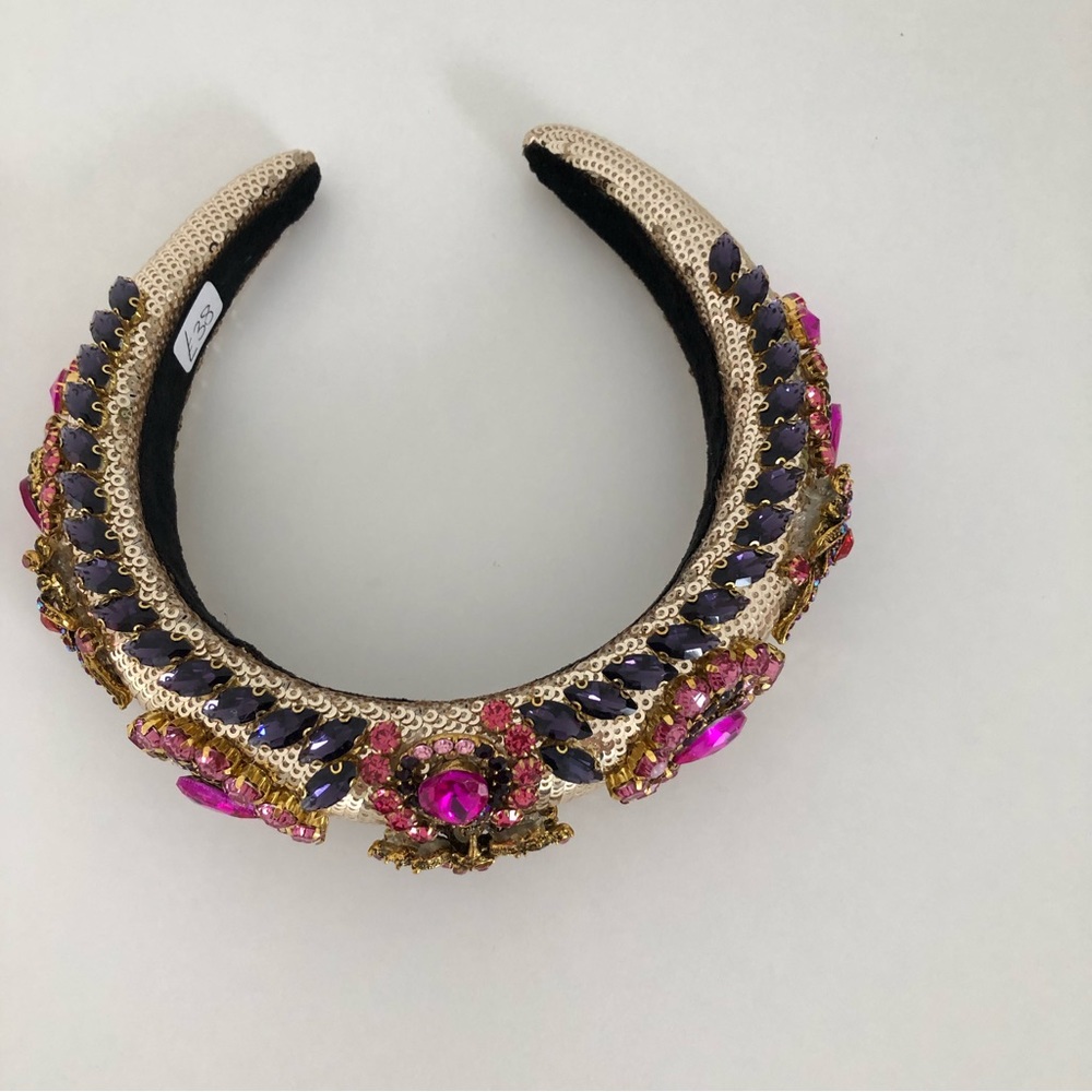 Handmade Hairband Headband Gold Pink Multicoloured Rhinestone Wedding Occasion - Picture 14 of 16